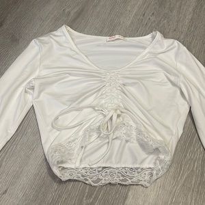 Cropped long sleeve lace ruched top
